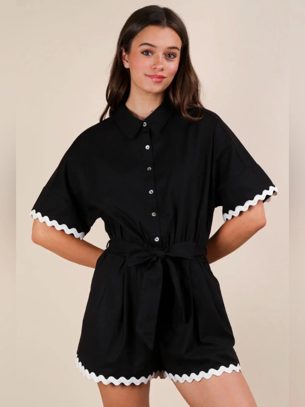 A677. Black Button-Up Romper with White Rickrack Trim - Picture 2 of 3